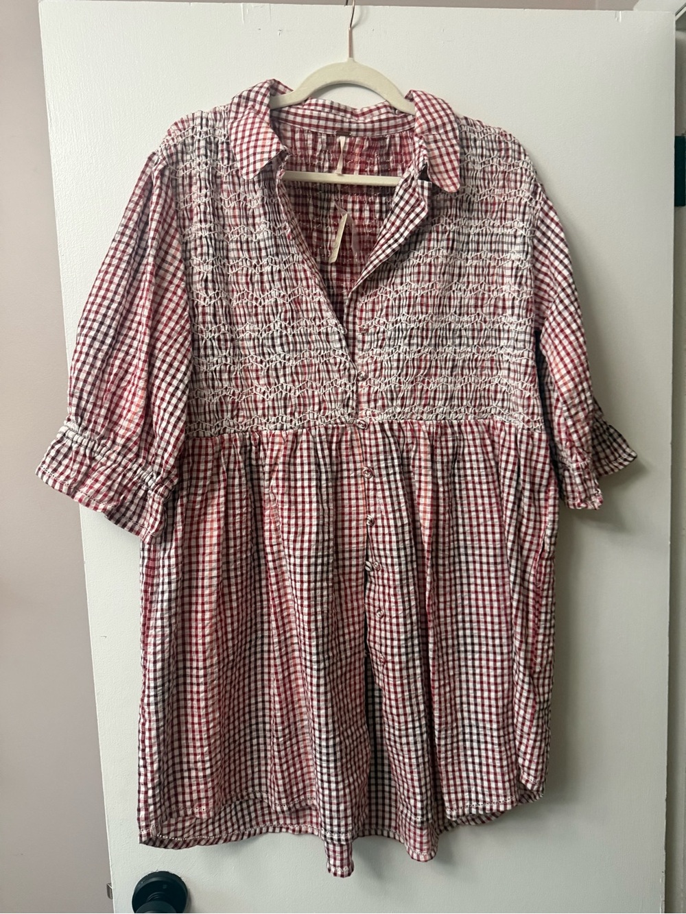 Free People Smocked Red and White Gingham Button-Front Women's Top large NWT
